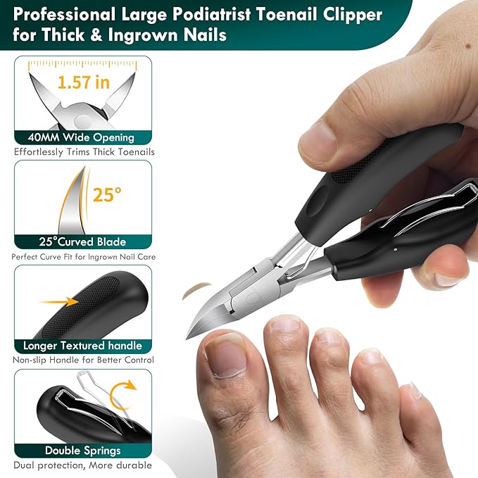 5-in-1 Professional Ingrown Toenail Tools Kit, Wide Jaw Slanted Nail Clippers & Heavy Duty Toenail Cutter Set for Seniors, Pedicure Manicure Tools for Thick or Ingrown Nails