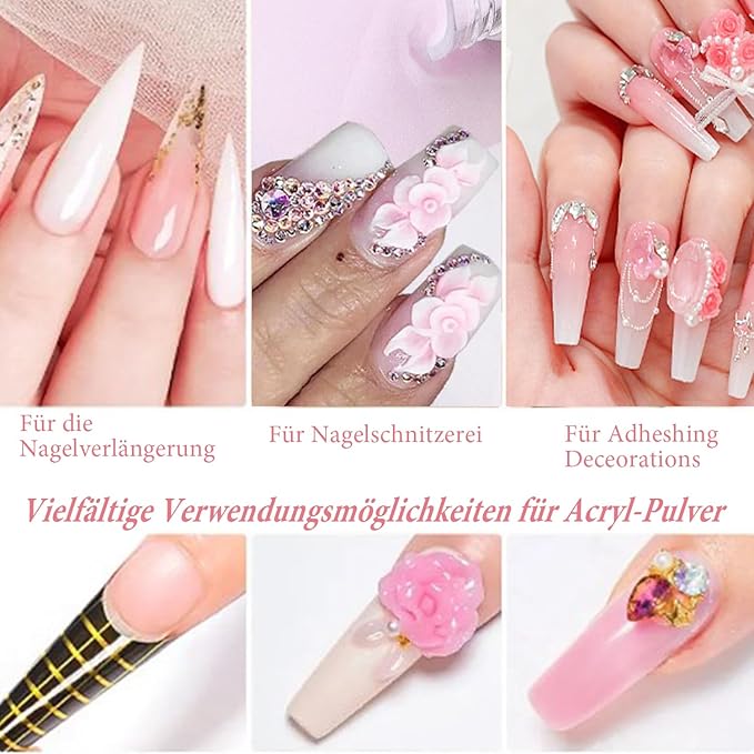 6Colors/Set Acrylic Powder Glitters Professional Carving Nail Polymer Tip Extension French Pink White Clear Adhesive Rhinestone Nail Art Supplies 3D Tips Sculpting Crystal Nail Dipping