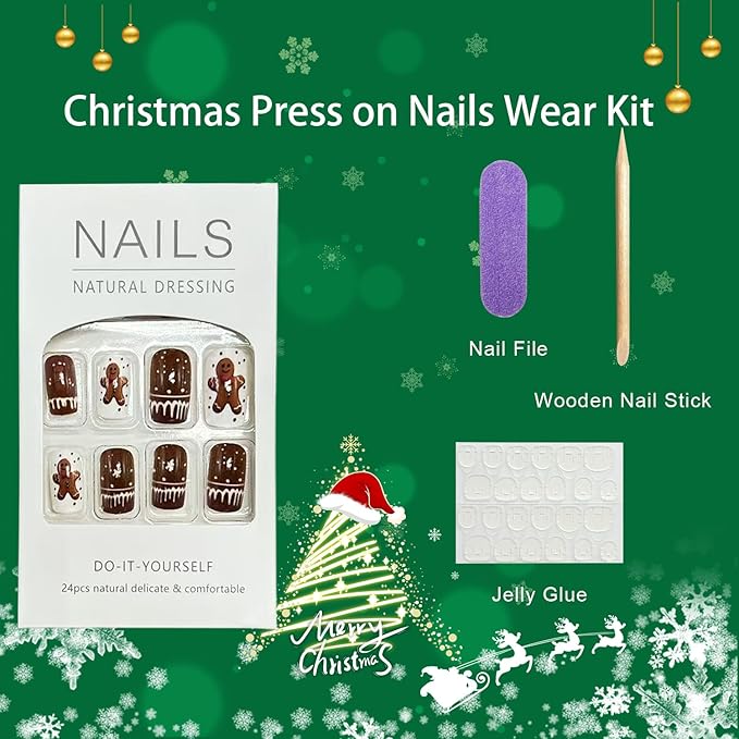 Christmas Press on Nails Short Square Fake Nail with Gingerbread Man Designs Brown Xmas False Nails Glossy Full Cover Winter Stick on Nail for Women 24 Pcs