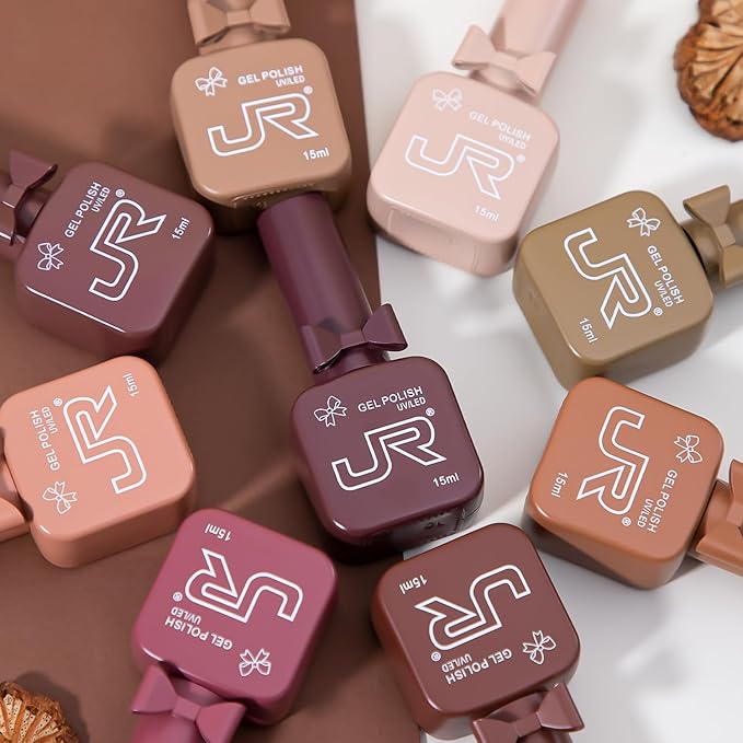 JR 9 Colors 0.5oz Brown Gel Nail Polish Set Bow Bottle Design Nude Gel Polish Kit UV LED Soak Off Polish Home DIY Gift Dark Brown Colors Nail Gel Polish Kit Series