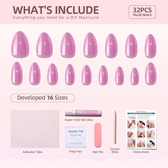 RTKHFZE Press On Nails Short - Soft Gel Pastel Almond Fake Nail Kit With Glue, 32 Pcs Reusable False Nails in 16 Sizes, Perfectly Fitting for Gift Idea