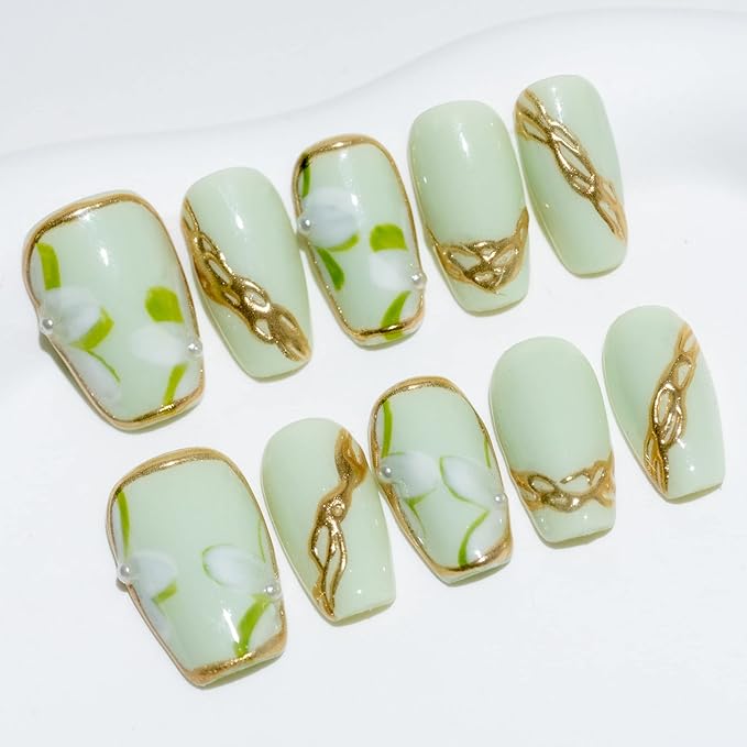 Sun&Beam Nails Handmade Short Medium Coffin Ballerina Green False Nail Tips with Cute 3D Pearl Popular Charm Design Press On Nails 10 Pcs (#54 M)