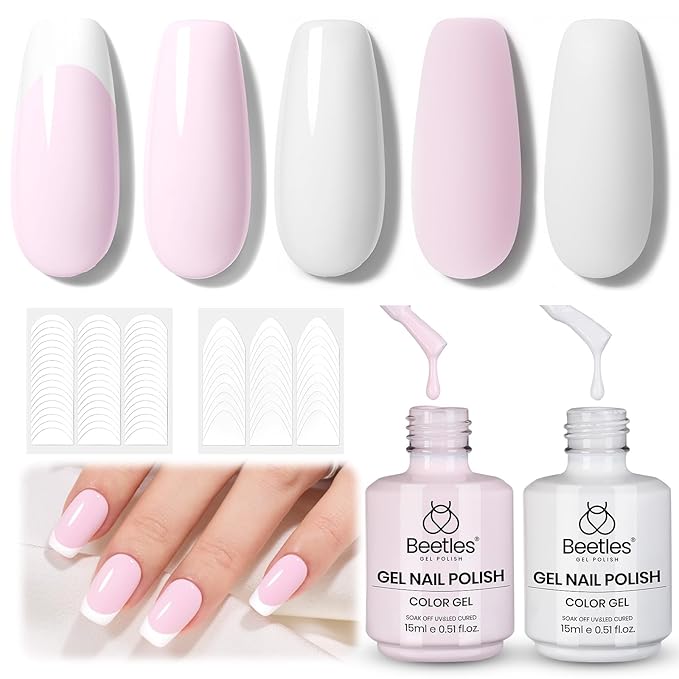 Beetles French Tip Gel Polish Set - Spring White Pink Gel Nail Polish Set Soak Off UV LED with 2 Styles Classic French Nail Art Sticker Sheets Manicure DIY Home Salon Gifts for Women Pure French