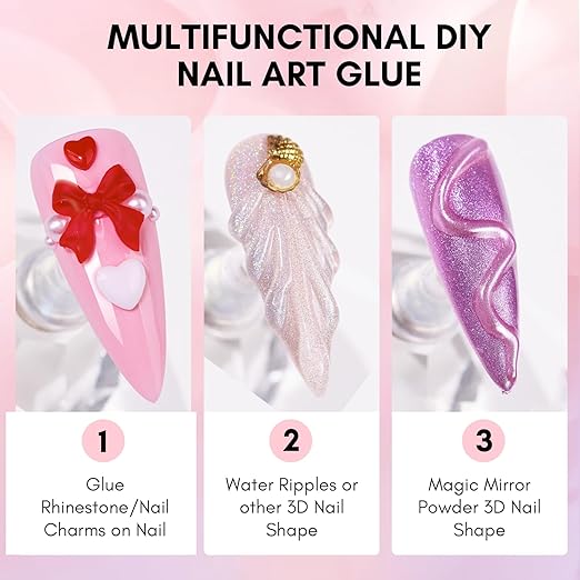 Makartt Nail Charm and Rhinestone Glue Kit, 15ml Gel with Preals Rhinestones Gems 3D Art Bowknot Heart Decor Acrylic Supply for Nails Techs DIY