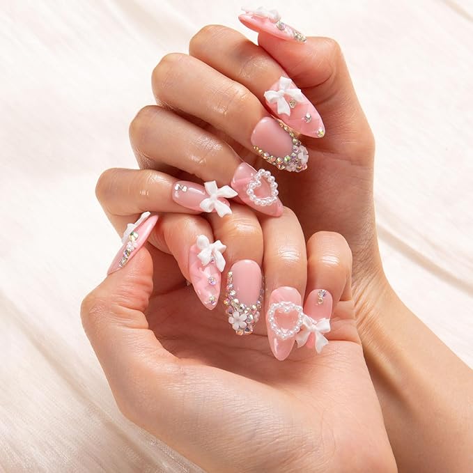 LOVFUL Press on Nails Vintage Shortcake | Handmade with Full Covered Crystals | Reusable Fake Nails | Almond Regular 1.0 in | H187-L