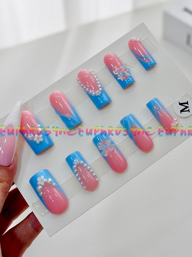 Euphrosyne Kawaii Press On Nails – 10pcs Medium Square Fake Nails in Blue and Pink with Pearls, 3D Flowers & Wavy Designs | Cute Korean Y2K Stick-On Nails for Girls and Teens
