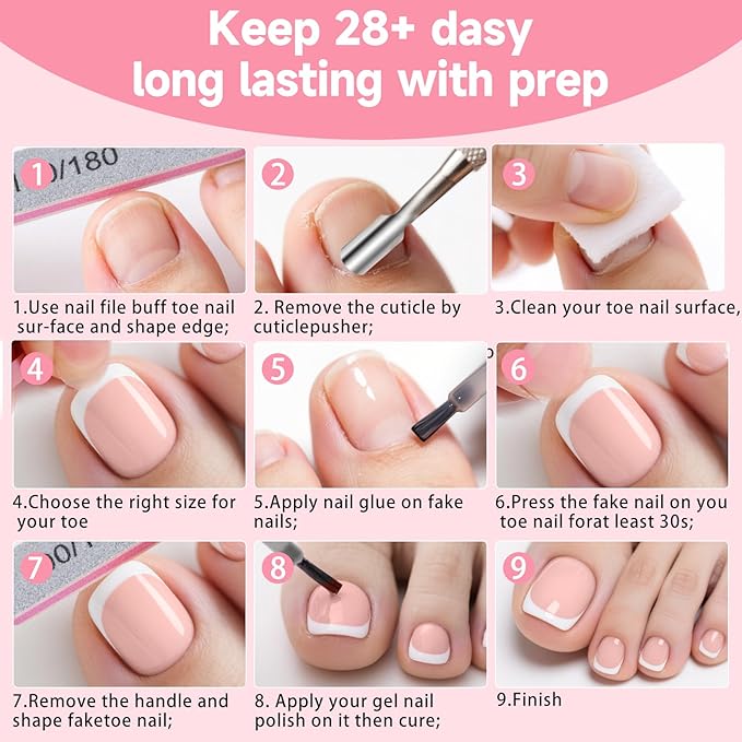 Toe Nail Tips, 240Pcs French Press On Toenails Kit, Nude Square Pre-Designed Soft Gel False Toenail Extension, 12 Size Full Cover Fake Toenail Press Ons for Women
