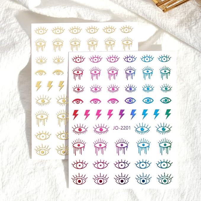 12 Colors Evil Eyes Nail Art Stickers, 3D Funny Eye Self-Adhesive Sticker Design, Laser Gold Silver Red Black White Pink Yellow Green Eyes Nail Transfer Decals for Women Manicure Decorations