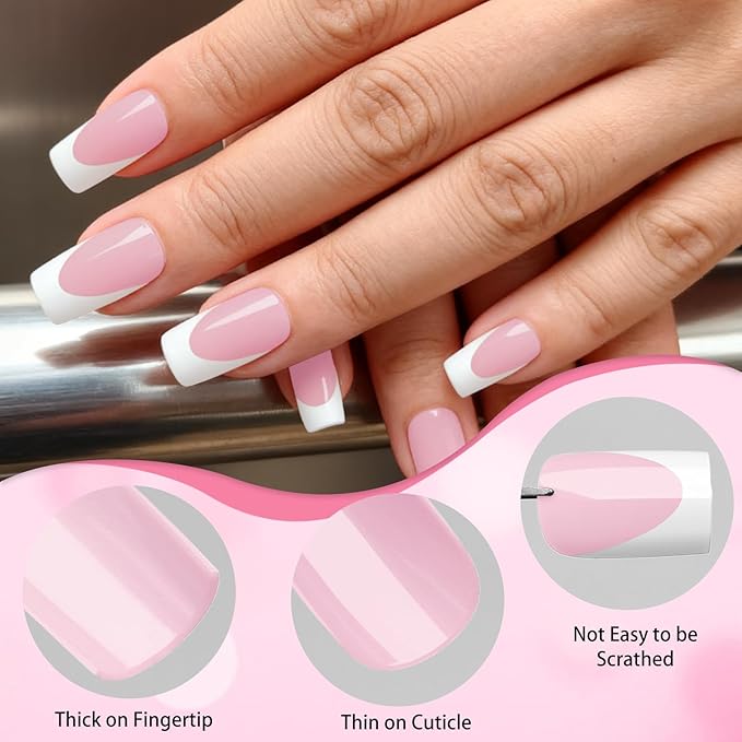 280pc French Tips Press on Nails Medium Square Fake Nail with Glue Tabs, French Tips Glue on Nails Press on Nail Square Acrylic Nails Medium Artificial Fingernails Women Girls Pink False Nails