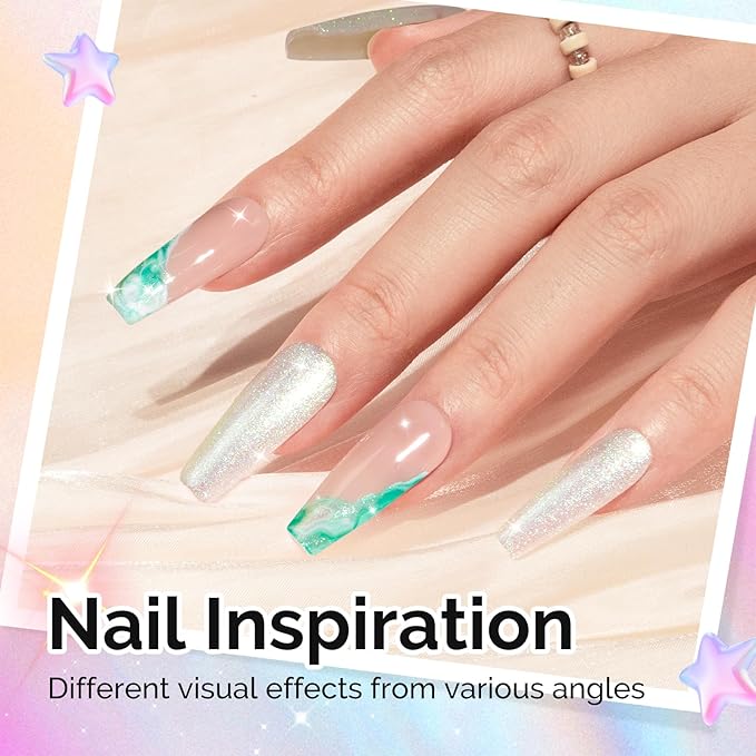 MelodySusie Jelly White Aurora Shimmer Gel Nail Polish, 0.5fl oz Soak Off UV LED Holographic Green Glitter Gel Polish Gift for Women Nail Art Manicure Salon DIY Nail Design Decoration at Home-G2302