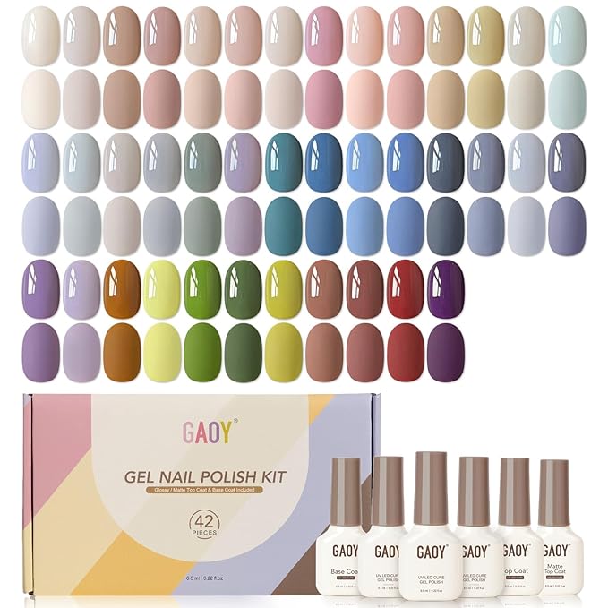 GAOY 42 Pcs Gel Nail Polish Kit, Nude Pastel Blue Purple Colors All Seasons Gel Nail Polish Set with Glossy & Matte Top Coat and Base Coat for Salon and DIY Manicure at Home