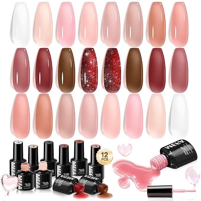 MEFA Jelly Gel Nail Polish Set, 12 Colors Jelly Red Glitter Gel Polish Set Nude Pink Milky White Nail Polish Gel Neutral Transparent Sheer Red Gel Nail Gifts for Women Girl DIY Salon Home Manicure