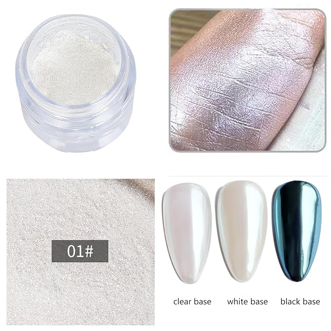 3 Jars White Pearl Chrome Powder for Nails, Moonlight Mirror Effect Aurora Glitter White Shimmer Pigment for Art Design