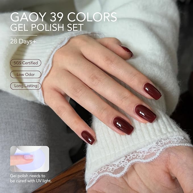 GAOY 42 Pcs Gel Nail Polish Kit, Fall Brown Red Glitter Colors Gel Nail Polish Set with Glossy & Matte Top Coat and Base Coat for Salon and DIY Manicure at Home