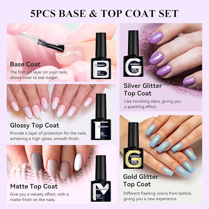 Phoenixy 30Pcs Gel Nail Polish Set, 25 Colors All Seasons Gel Polish with 5Pcs Base and Glossy Matte Gold Sliver Glitter Top Coat Black White Pink Blue Purple Valentine Nail Polish Set Gifts for Women
