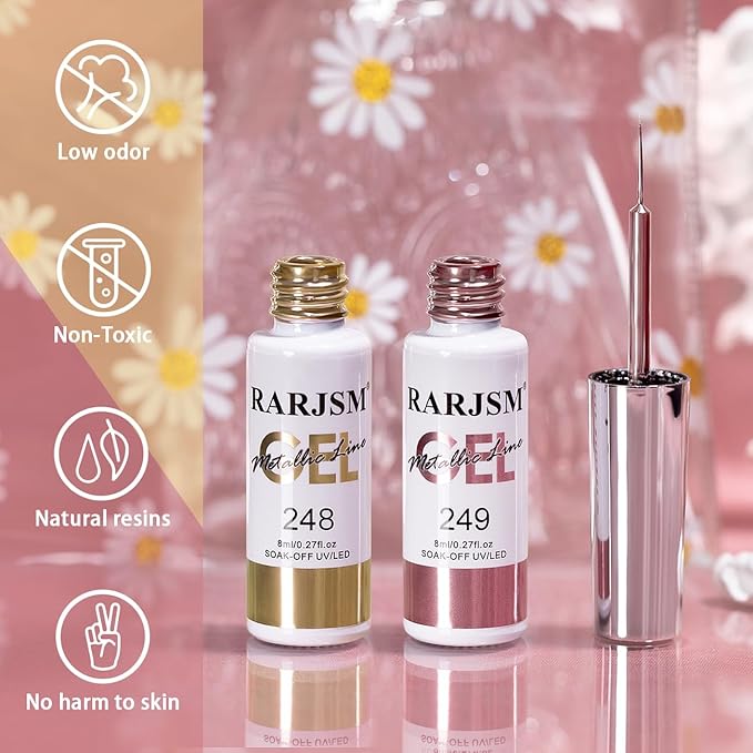 RARJSM Metallic Chrome Gel Liner Nail Art 3D Mirror Bronze Gold Rose Gold Effect Gel Nail Polish 8ml Painting Build in Thin Brush Metal Painted Drawing Striper GelPolish Curing Requires Home Salon