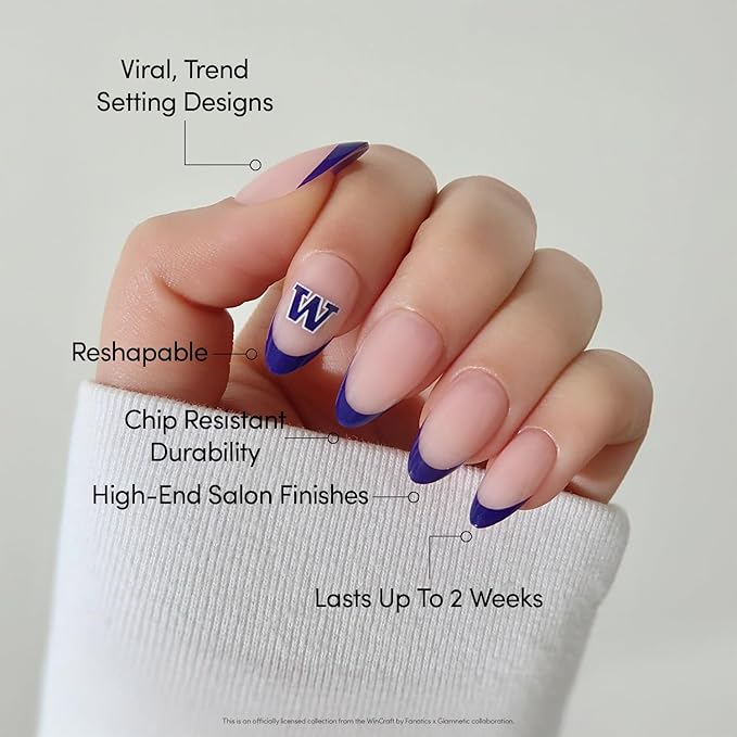 Glamnetic x Fanatics Press On Nails - Washington Huskies | Short Almond Fake Nails, Collegiate Huskies Purple French Tips, College Nails, Salon-Quality | 15 Sizes - 30 Nail Kit with Glue