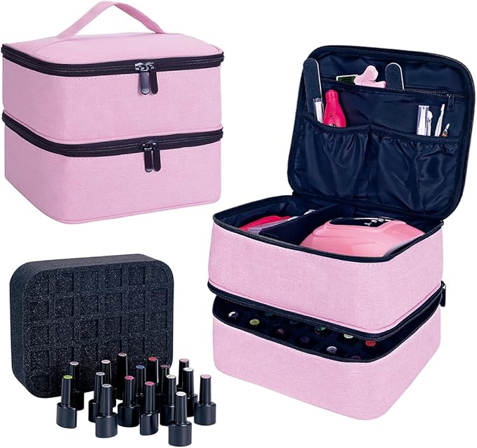 Nail Polish Organizer, Handheld Double Layer Organizer Holds 30 Bottles (15 ml/0.5 floz) with Adjustable Dividers for Nail Polish Small Manicure Lamp Manicure Tools Essential and Travel,Pink