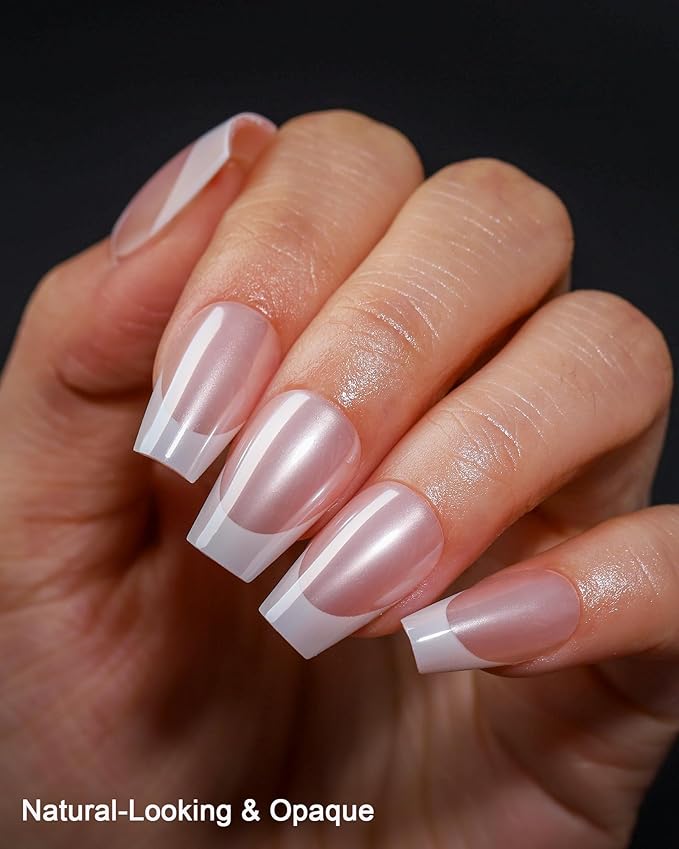 16 Sizes Coffin Press on Nails French Tip Chrome Reusable 32pcs Glossy Gel Fake Nails with Glue and Jelly Stickers (Glazed French)
