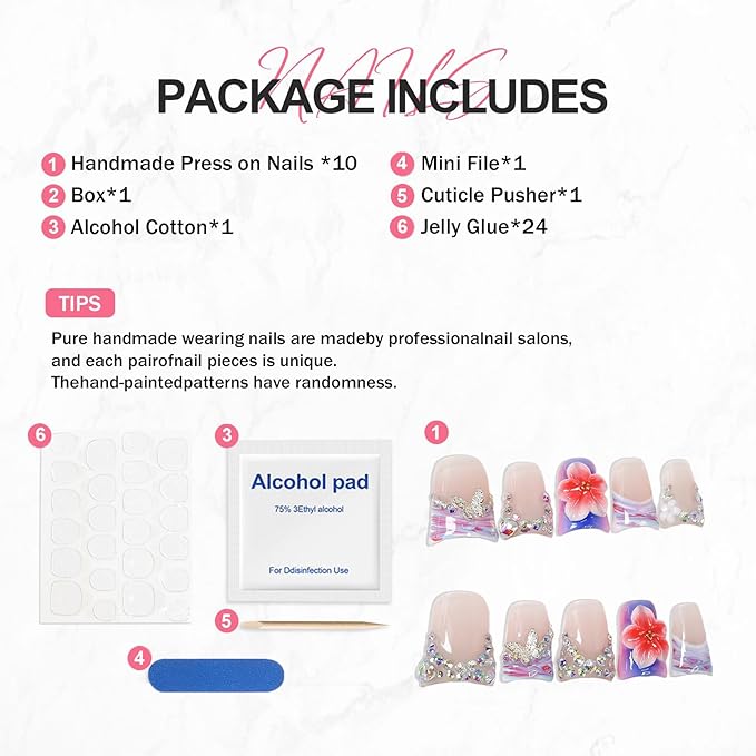 Duckbill Shape Handmade Press on Nails 3D Gradient Flower & Butterfly Designs Pink Purple French Tip Fake Nails Muti-Layer Gel False Nails with Colorful Rhinestones Stick on Nail for Women (Size S)