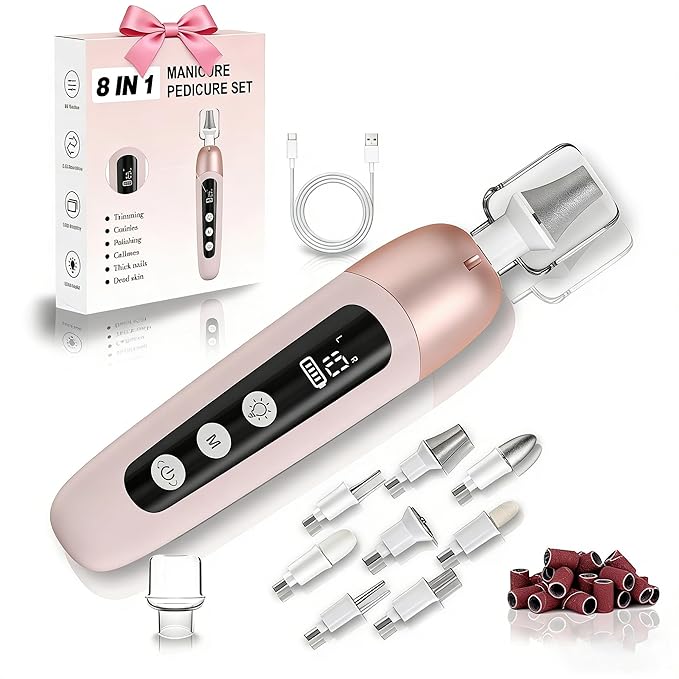 Electric Nail Drill Cordless Nail File Professional Manicure Pedicure Kit, 9 in 1 Hand Foot Rechargeable Care Tool, 10 Speeds Electric Nail File Grinder for Thick Toenail Trim Polish Pink
