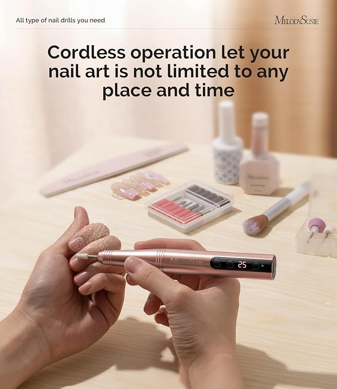 MelodySusie Pen-Shaped Portable Cordless Nail Drill, PC180F 25000RPM Rechargeable Electric File with LED Display for All Nail Care, Manicure Shaping & Acrylic Gel Removal for Nail Artists DIY at Home