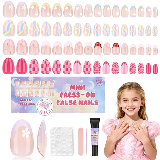 16 Sizes 128 Pieces Press on Nails for Kids, 4 pack Kids Nail Kit Colorful Flower Almond Fake Nail Tips for Girls 8-12 Years Old with Jelly Nail Adhesives & Nail Glue Easter Gifts Birthday