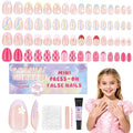 16 Sizes 128 Pieces Press on Nails for Kids, 4 pack Kids Nail Kit Colorful Flower Almond Fake Nail Tips for Girls 8-12 Years Old with Jelly Nail Adhesives & Nail Glue Easter Gifts Birthday
