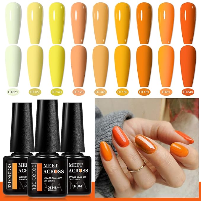 MEET ACROSS 12pcs Gel Nail Polish Set,Soak Off UV LED Lamp Gel Nail Polish Kit,Fashion Shimmer Nail Art Design Gifts for Women Manicure Salon (Yellow)