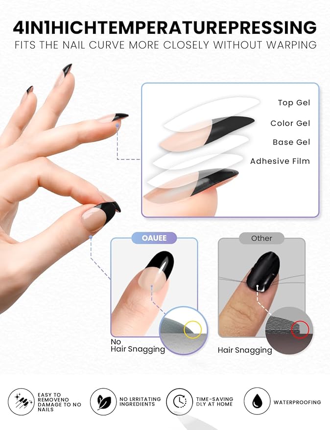 Semi Cured Gel Nail Strips | Built-In Gel Top Coat | UV Light Required | Salon Quality, Easy Application And Removal (Black French)