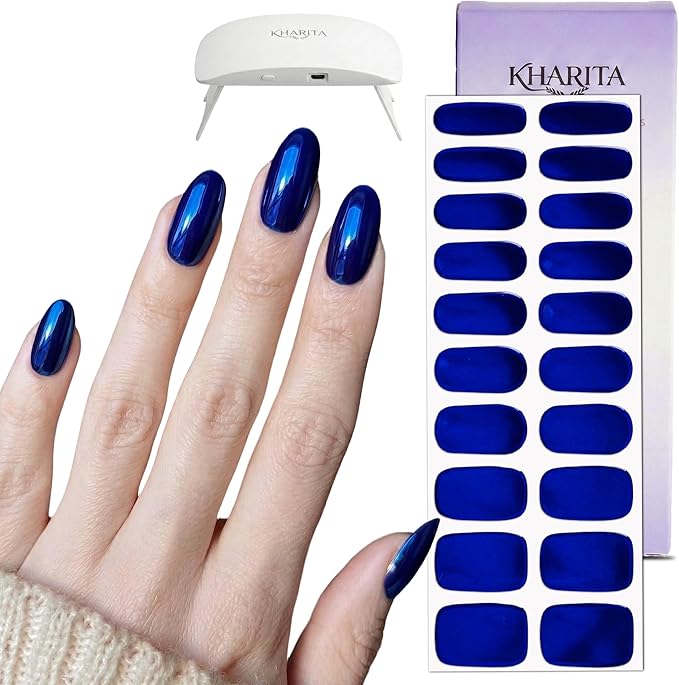 Semi Cured Gel Nail Strips – Real Gel Nail Polish Wraps for Brittle Nails | Waterproof Long Lasting Easy Peel-Off Removal | Hema-Free | 20-Piece Chrome Dark Blue Salon Kit with UV Light
