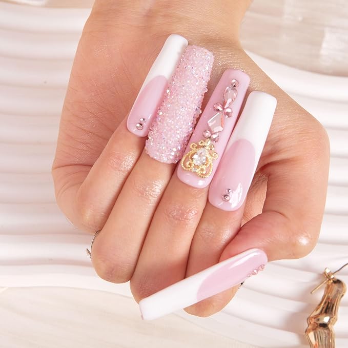 LOVFUL Press on Nails Sweet Elegance| Handmade with Full Covered Crystals| Reusable Fake Nails| Square Mid length 1.7in| H34-S