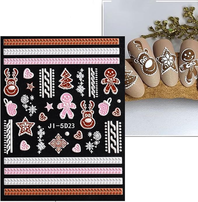 5D Christmas Nail Art Stickers Self-Adhesive Embossed Snowflake Nail Decals Bear Elk Xmas Tree Nail Design Christmas Party Nail Decoration Winter Nail Stickers for Women Girls DIY Nail Charms 3 Sheets