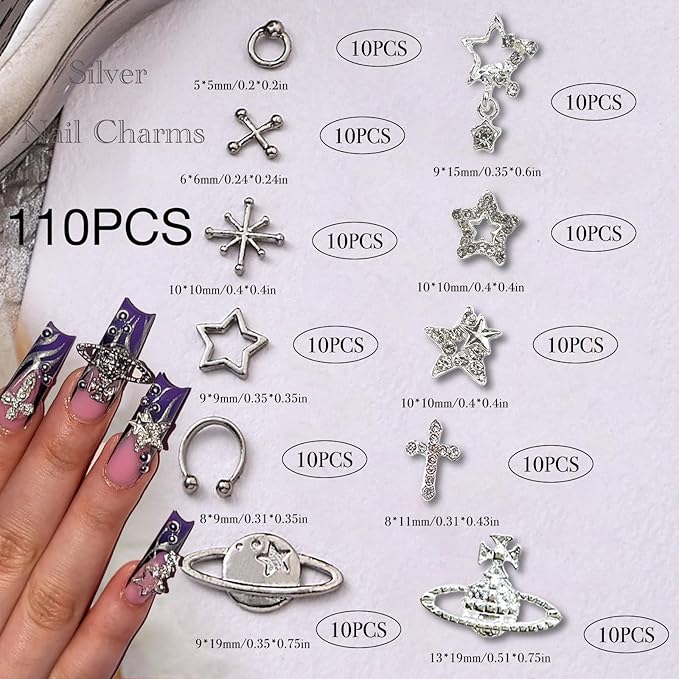 110PCS Star Nail Charms for Acrylic Nails,Silver Star Planet Cross Alloy Nail Art Decoration, Nail Stones Nail Jewels Accessories for Nail Art Supplies Manicure Craft DIY
