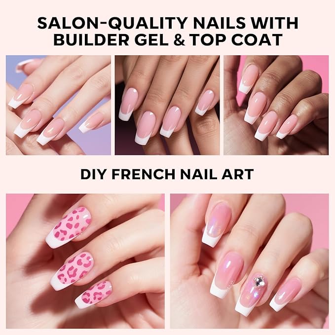 Modelones Gel Nail Kit, Top Coat, Nail Builder Gel and Nail Glue for Nail Tips, Press On Nails Kit with LED Light, 150 PCS Long Pink Square, 15 Sizes French Tip Press on Nails