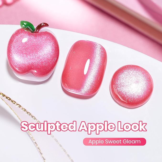 Beetles Apple Sweet Gleam Pink Cat Eye Gel Nail Polish - 15ML Glitter Pink Cat Eye Spring Gel Polish Magnetic Shimmer Effect Soak Off UV Nail Art Design Salon DIY Manicure Gift for Women