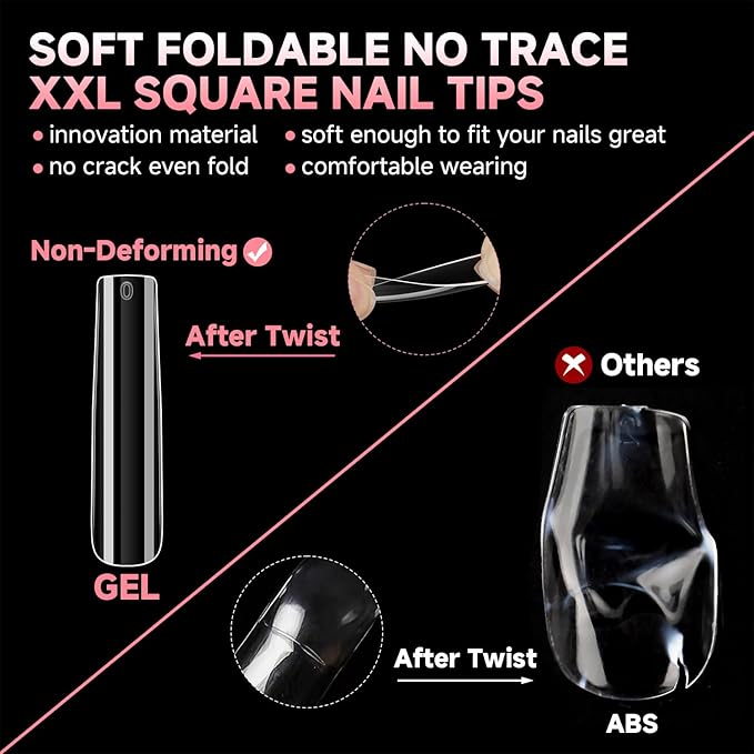 UNA GELLA Extra Long Tapered Sqaure Nail Tips Full Cover 504pcs No C Curve Clear Gel Nail Tips XXL Long Straight Nails Tips Acrylic Nails Square Gel Nails for DIY Nail Art 12 Sizes