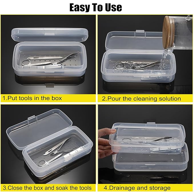 JUXYES 2 PCS Plastic Sterilizing Tray for Nail Art Accessories Tools, Portable Nail Art Tool Sterilizer Tray with Strainer, Fully Transparent Storage Box Organizer for Tweezer Manicure Tools