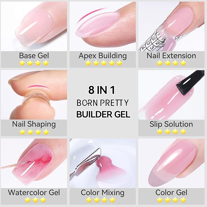 Born Pretty Builder Gel for Nails 15ml,8-in-1 Hard Gel for Nail Extensions, Apex Building, Base Gels & Strengthener,Light Pink Rhinestone Glue for DIY Beginners& Salon