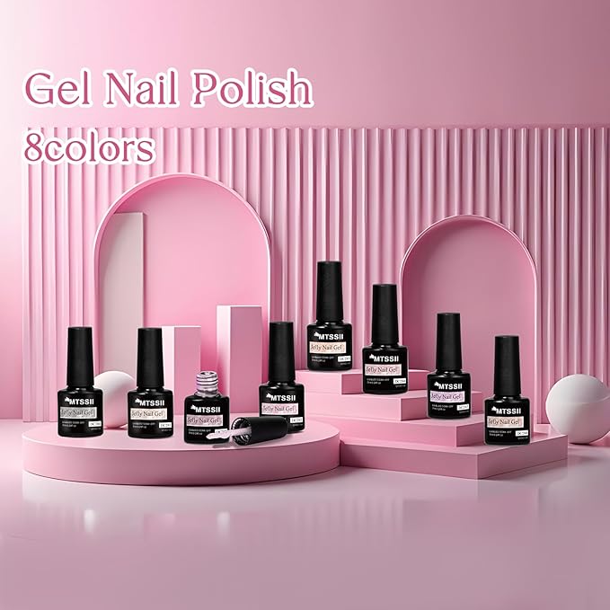 MTSSII Jelly Gel Nail Polish Set - Nude Gel Polish Kit - Milky Nude, Sheer Pink - UV Translucent - Grey - 8 Pcs