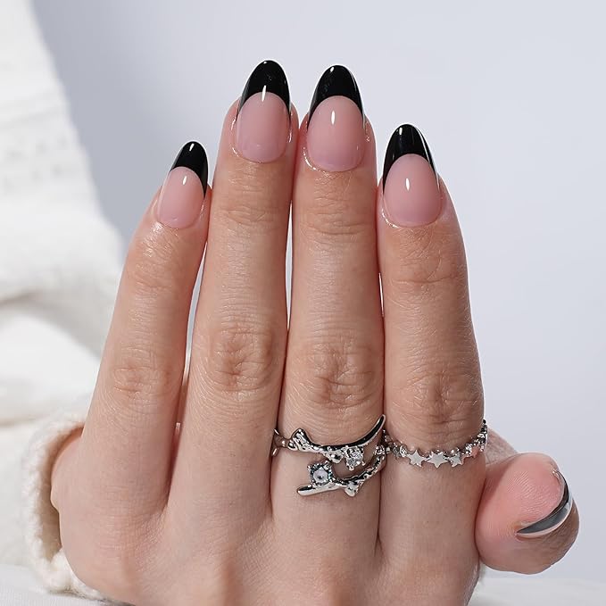 Black French Tip Press On Nails - Black Short Almond Fake Nails, French Tip Press On Nails Reusable Stick On Nails in 16 Sizes, 32pcs False Nail Kit for Women & Girls