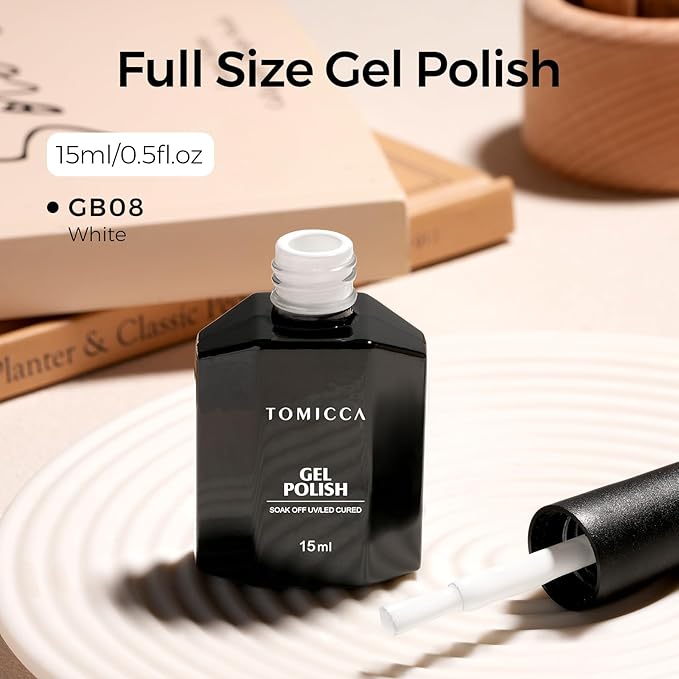 TOMICCA White Gel Nail Polish, 15ml White Gel Polish, Soak Off UV LED Soft Pale Color High Gloss Colors Long Lasting French Nail Art Manicure Salon DIY Design
