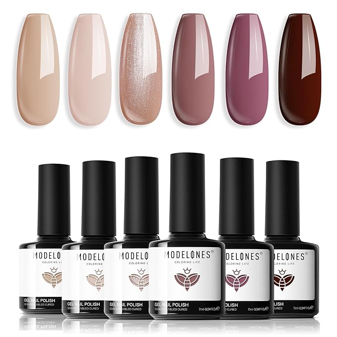 modelones Gel Nail Polish Set -6 Colors Nude Brown Gel Polish Kit Neutral Raspberries Purple Pearl Glitter Nail Polish Soak Off LED Starter Kit Manicure Nail Art Salon DIY Gift