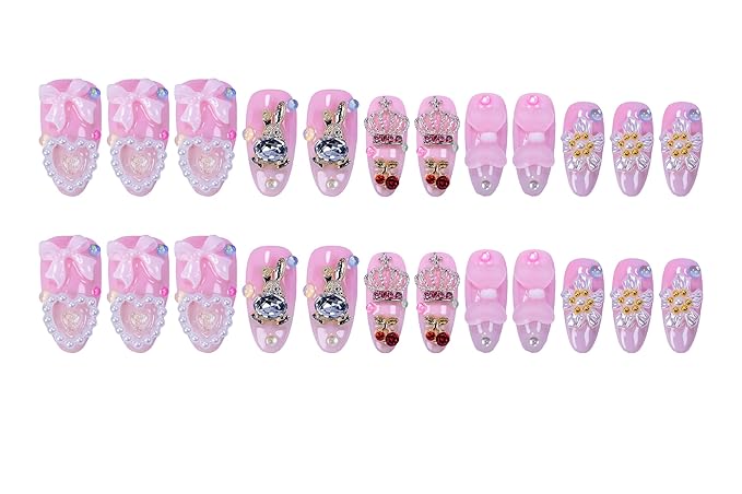 24Pcs Handmade Press on Nails,3D Pink Bow Medium Length Almond Shape Fake Nails with White Flower,Cute Manicure Kit for Women and Girls