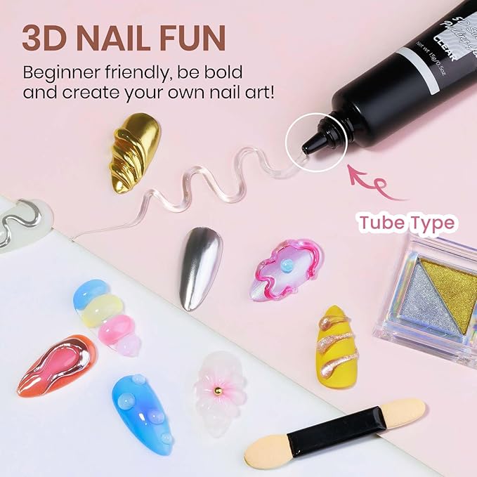 MIZHSE 3D Nail Gel and Chrome Nail Powder Kit, 15g Sculpting Gel Glue for Molding, Drawing, Charms & Gems, Chrome Powder, Rhinestone Design No Wipe Nail Polish for DIY Nail Art