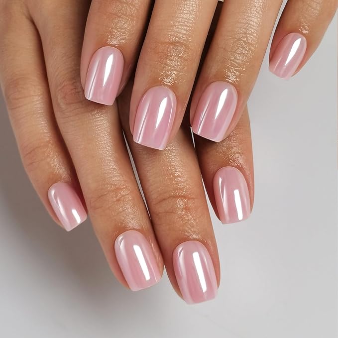 Pink Chrome Press on Nails Square - SHANGMENG Soft Gel Valentines Press on Nails Short for Women Gift, Glossy Stick on Nails with Glue in 16 Sizes - 32 Reusable Fake Nails, Aurora Light Pink