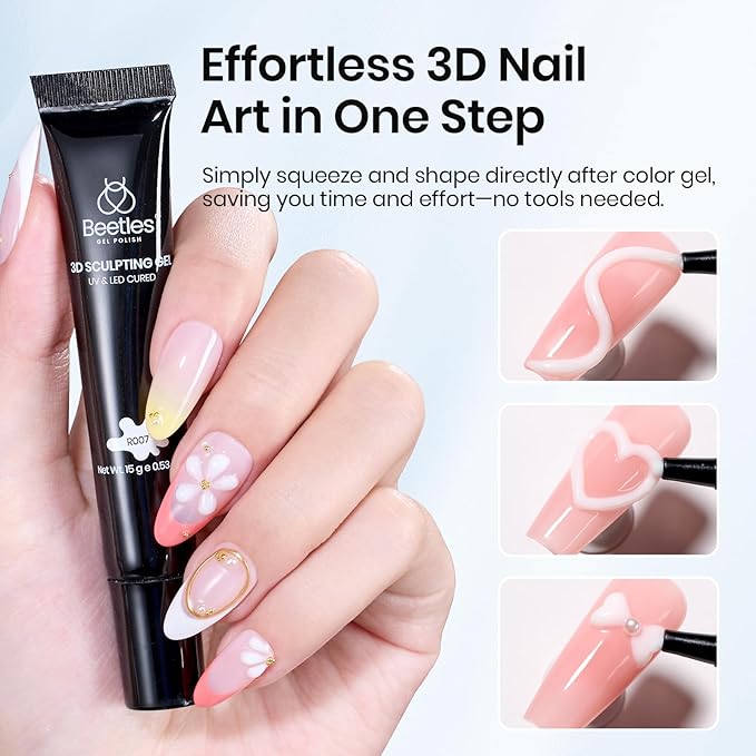 Beetles White Sculpting Gel for 3D Nail Art – Spring No Wipe 3D Rhinestone for Flowers Petals Ribbon & Relief Designs, Beginner Friendly UV/LED Nail Gel
