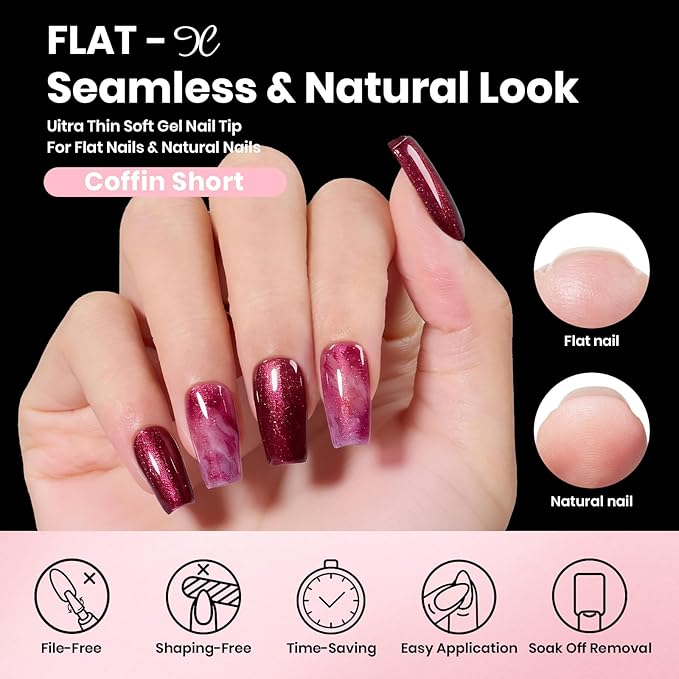 Beetles Gel Nail Kit Flat-X, Coffin Short, 320pcs 16 Sizes Nail tips, with 15g Nail Glue Gel Hands-Free, 7.5ml Base Gel & Top Coat, Mini Lamp, for Acrylic Press On Nail, Extension DIY Set at Home