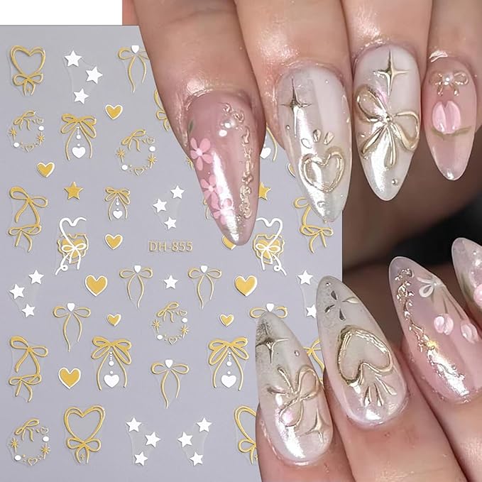 8Sheets Valentines Nail Art Stickers Gold Silver Purple Red Bow Nail Decals 3D Self-Adhesive Colorful Bow Nail Stickers Star Love Heart Sticker Design Cute Nail Supplies Accessories for Women Manicure