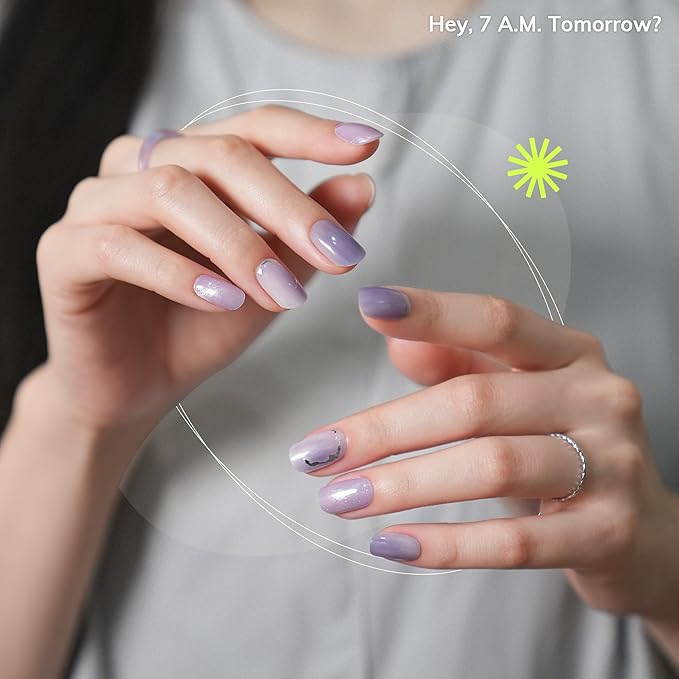 Heyhae Semi Cured Gel Nail Strips | No LED Lamp Needed | Glitter, Purple, Spring | Easy Apply & Remove, Salon Quality |Includes 28 Strips, 1 Prep Pads, Nail File & Wooden stick - Hey, 7 A.M. Tomorrow?